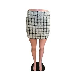 Windsor Plaid Princess Mini‎ Skirt Medium Ivory Black Gold Metallic Tweed Pencil